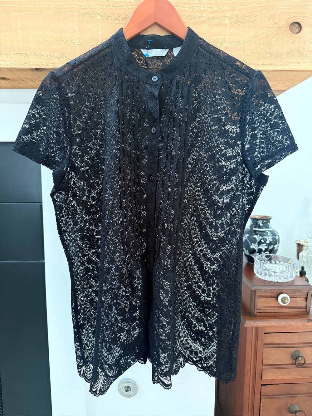 Vintage Liz Claiborne Sheer Black Lace Pintuck Blouse Large